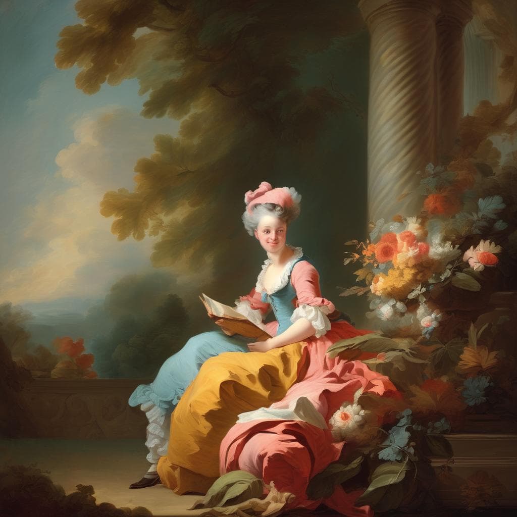Γυναίκα στην ιστορία της τέχνης καθισμένη σε τοπίο με βιβλίο και λουλούδια, διακοσμητικό ρόλο σε πίνακα εποχής.
