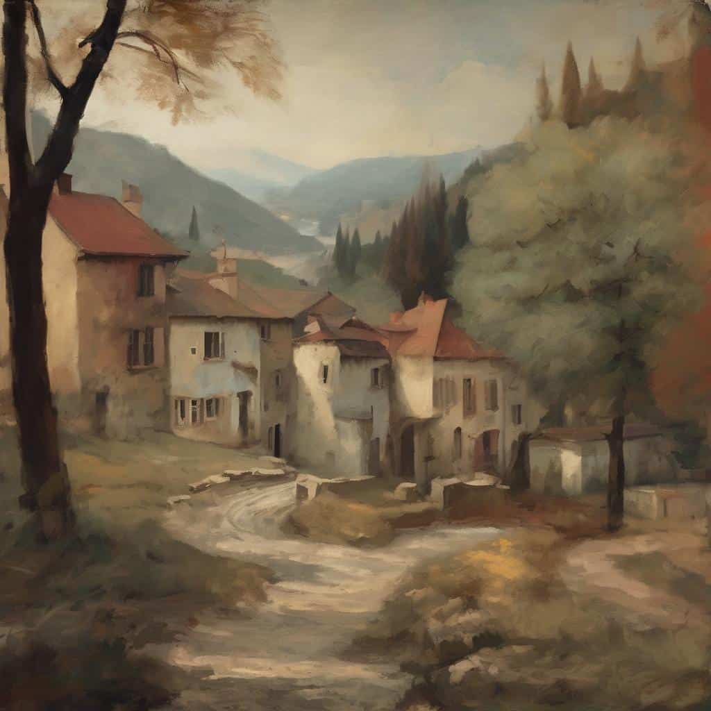 Μοντερική ζωγραφική με ήσυχο χωριό σε ορεινό τοπίο, παρουσία γυναίκας, αστικό και φυσικό τοπίο, τέχνη στην ιστορία, ρομαντική και παραδοσιακή ατμόσφαιρα, έργο τέχνης εμπνευσμένο από την τέχνη.