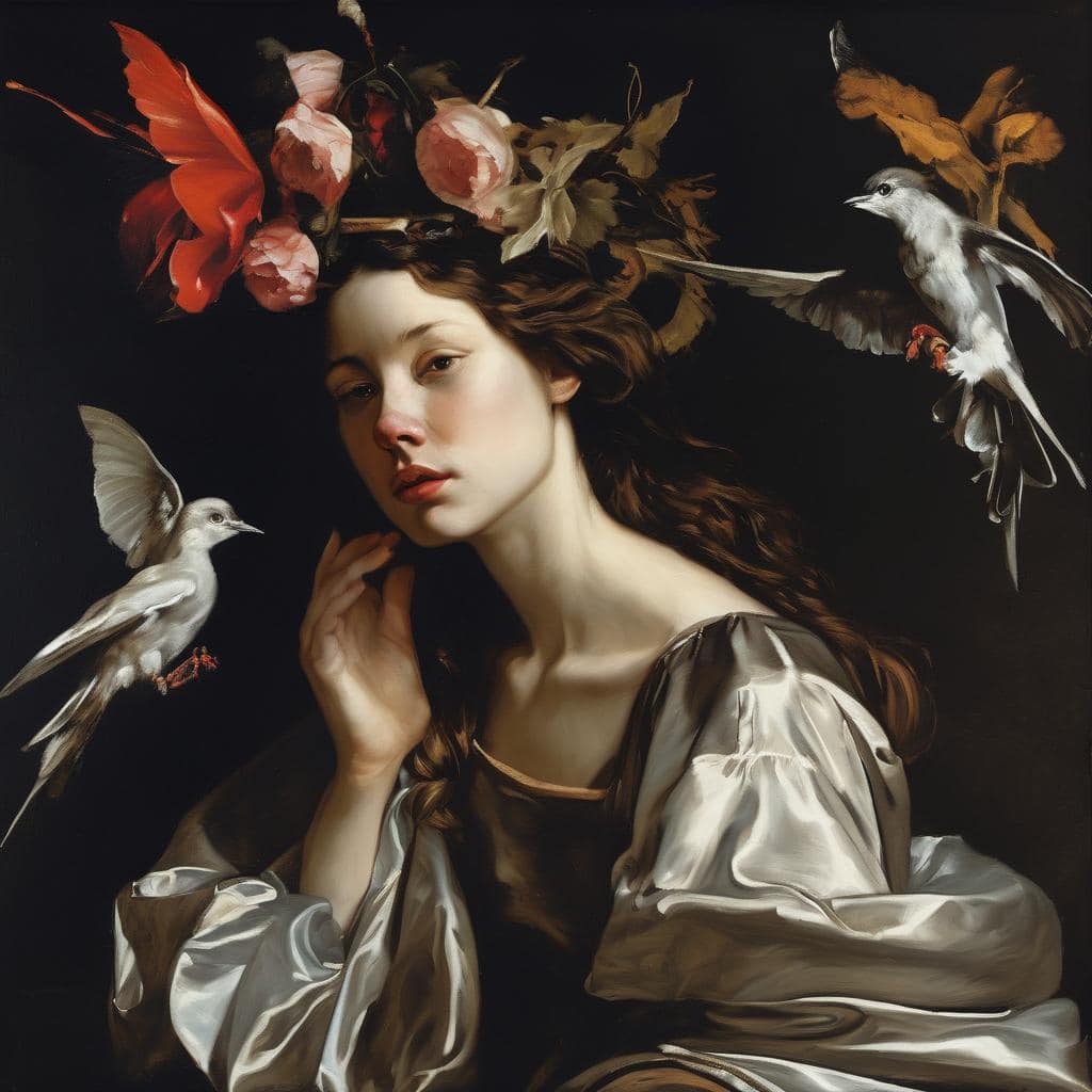 Γυναίκα με φτερά και λουλούδια σε έργο τέχνης που αναδεικνύει τις γυναίκες στην ιστορία της τέχνης και την καλλιτεχνική ευαισθησία.
