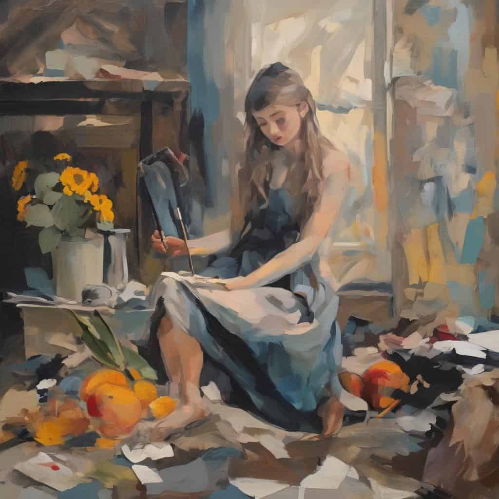 Καλή φώτο γυναίκας ζωγραφισμένη σε ελαιογραφία, με πινέλο και καλλιτεχνική ατμόσφαιρα.