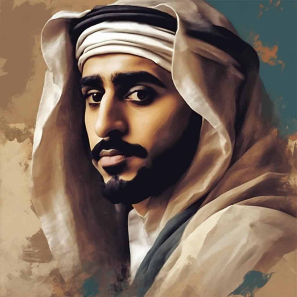 Ανθρώπινη πορτραίτο από την ιστορία της τέχνης με άνδρα με παραδοσιακή ενδυμασία και τουρκική μαντήλα, που αποδίδεται σε ψηφιακό ζωγραφικό στυλ, ενισχύοντας τη σημασία των γυναικών στην ιστορία της τέχνης.