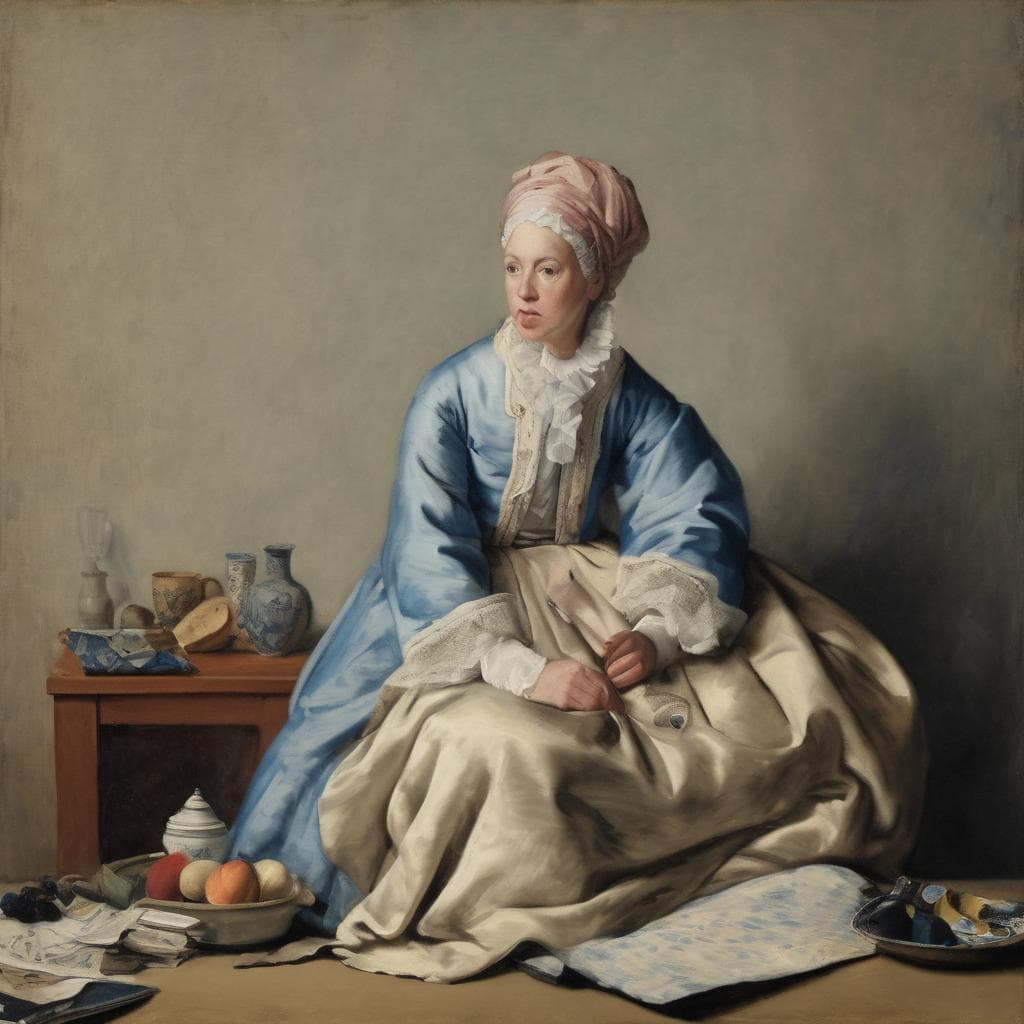 Λευκή γυναίκα στην ιστορία της τέχνης με παραδοσιακές ενδυμασίες, καθισμένη σε εσωτερικό χώρο, με διάφορα αντικείμενα και υφάσματα, αναδεικνύοντας την καθημερινή ζωή και την κουλτούρα.