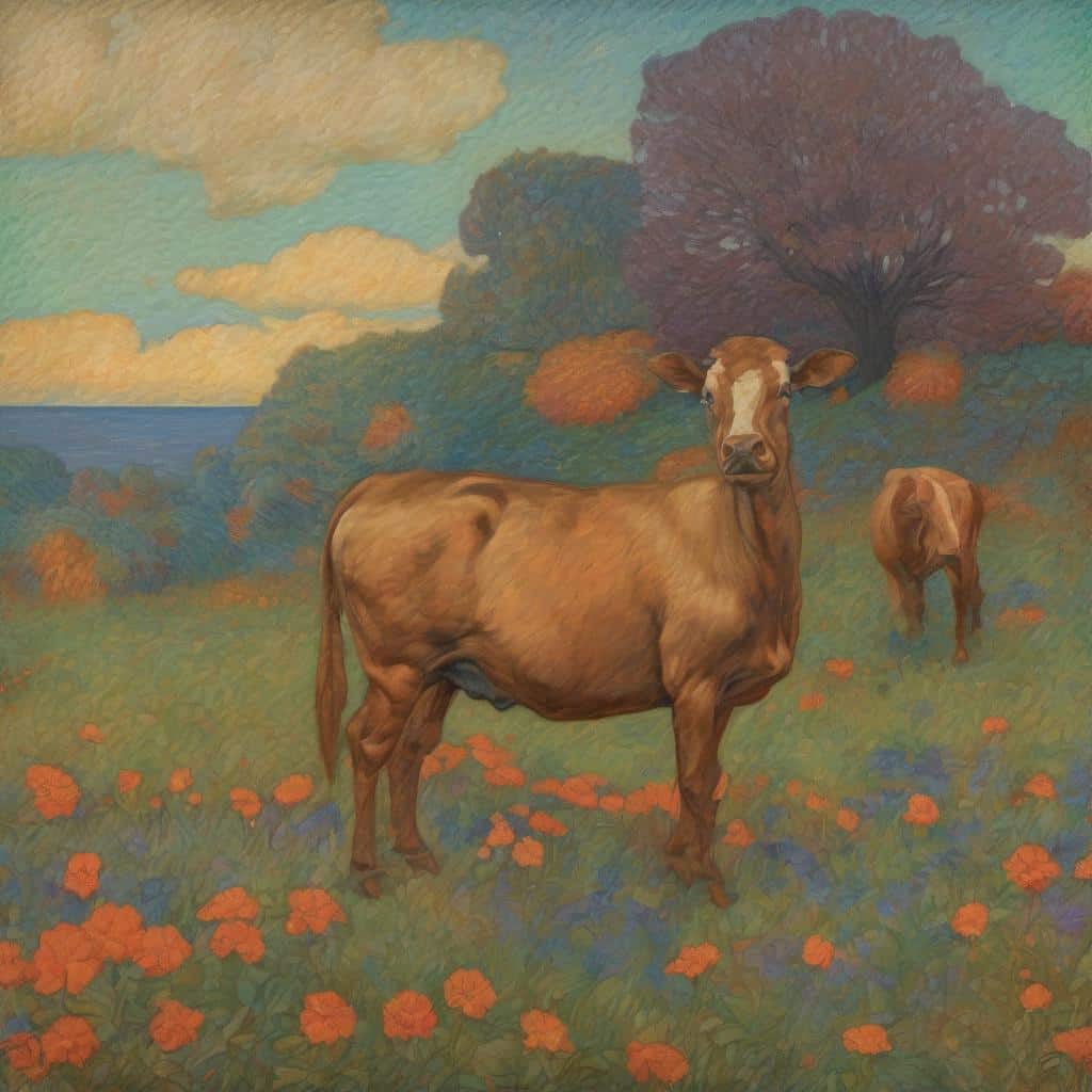 Κατσικάκι σε καταπράσινο τοπίο με λόφους και λουλούδια, ζωγραφική φανταστική εικόνα, έργο τέχνης με έμφαση στη γυναικεία πατρότητα, μυθολογική αναφορά, εικαστική έκφραση, τέχνη στην Ιστορία των Γυναικών.